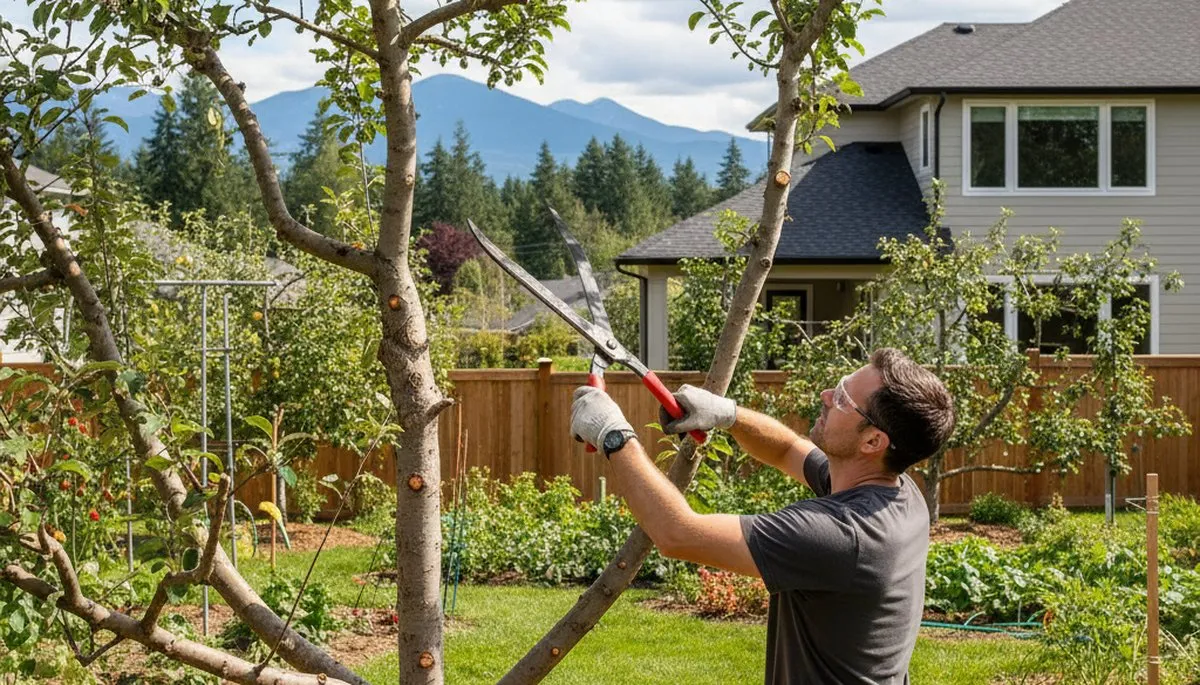 Arborist pruning fruit tree for better harvest in Bellevue WA backyard orchard