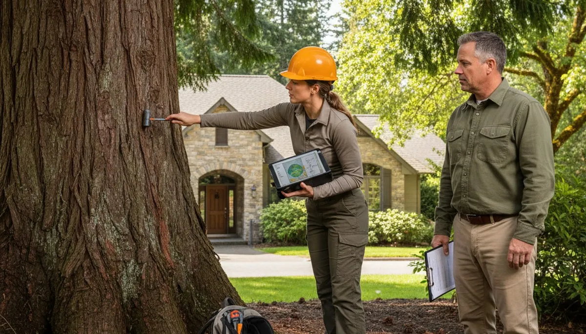 Certified arborist performing tree health assessment for homeowners in Bellevue, WA